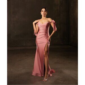 Dusty Rose Gala Long Cowl Neck Off Shoulder Trumpet Dress By May Queen MQ1858